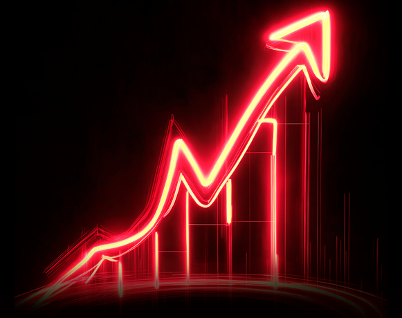 Gráfico estilizado com um fundo escuro e uma linha ascendente em neon vermelho, representando crescimento ou sucesso.